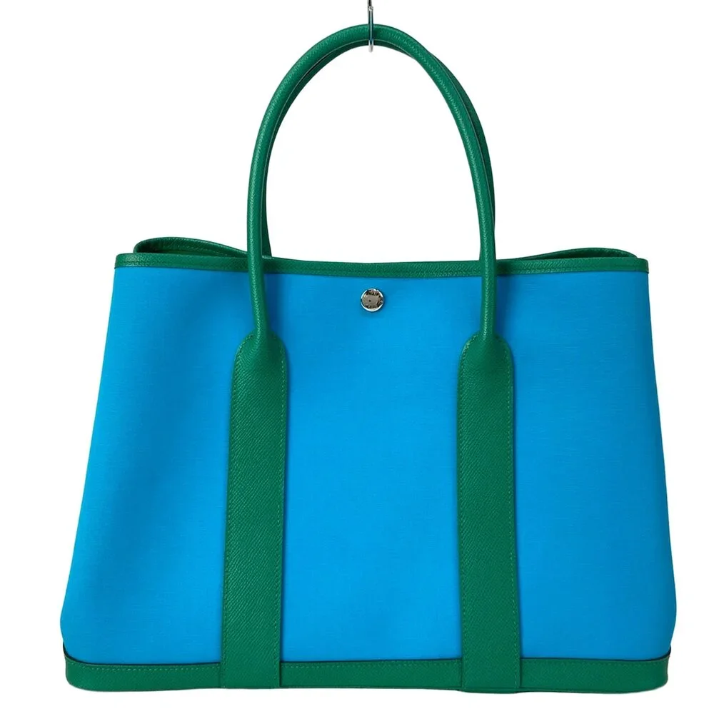 Hermès Garden Party PM Tote Bag blue aztec Vert Jade Toile Officier Veau Epsom - Picture 3 of 16